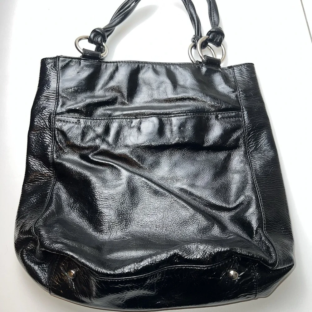 Nine West Black Patent Leather 2 Twist Handle  Purse Handbag With Chain Detail